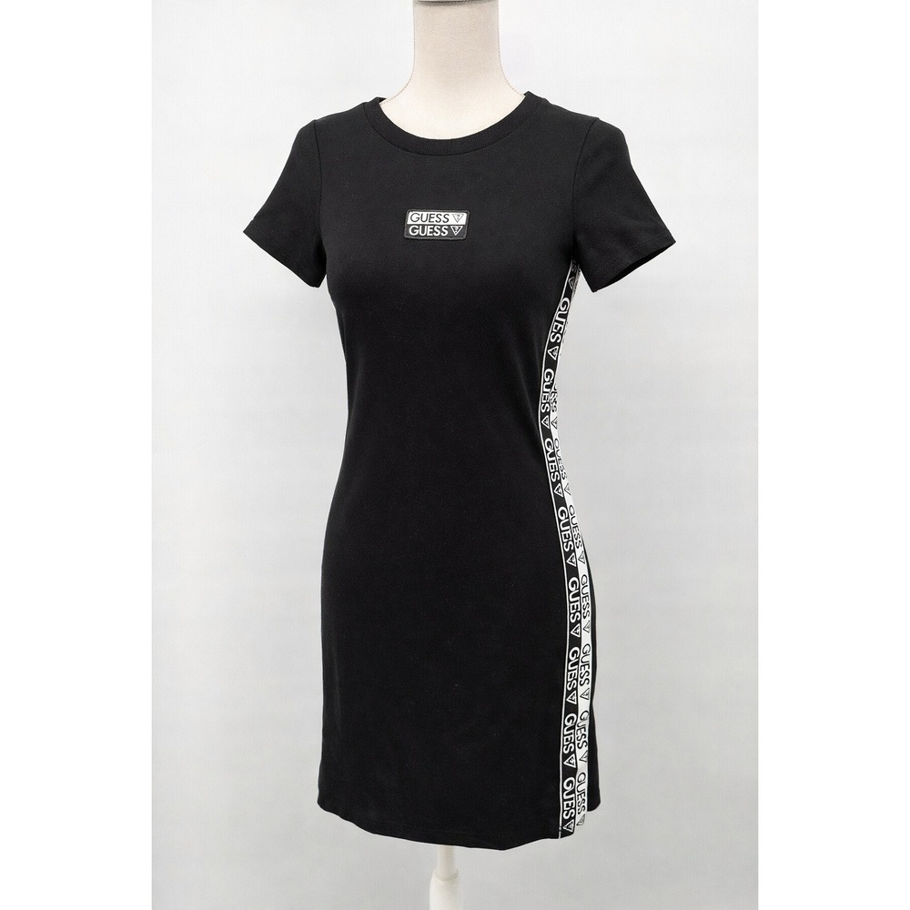 Guess‎ T-Shirt Dress Womens Small Black Logo Tape Side Stripe Bodycon Mini
